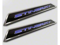 Illuminated Carbon Fiber Door Sills with Stingray Lettering; Blue (20-25 Corvette C8)