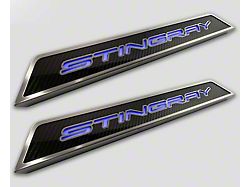 Illuminated Carbon Fiber Door Sills with Stingray Lettering; Blue (20-24 Corvette C8)