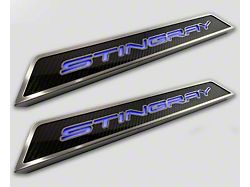 Illuminated Carbon Fiber Door Sills with Stingray Lettering; Red (20-26 Corvette C8)