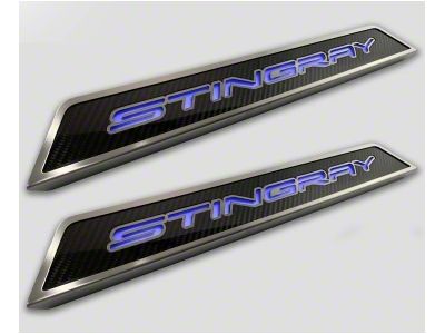 Illuminated Carbon Fiber Door Sills with Stingray Lettering; Red (20-25 Corvette C8)