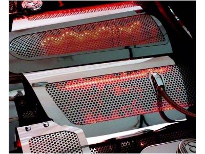 Illuminated Fuel Rail Replacement Covers with Oil Fill Hole and without Dry Sump; Perforated Stainless; Green LED (08-13 Corvette C6, Excluding Z06 & ZR1)