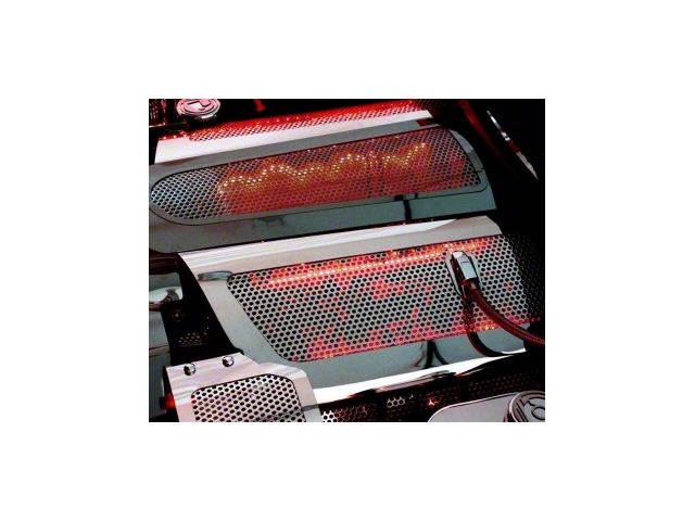 Illuminated Fuel Rail Replacement Covers with Oil Fill Hole and without Dry Sump; Perforated Stainless; Green LED (08-13 Corvette C6, Excluding Z06 & ZR1)