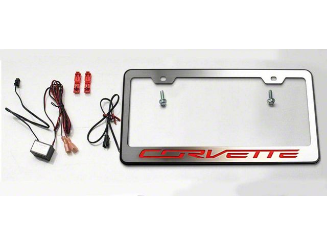 Illuminated License Plate Frame with Corvette Lettering; Red Inlay (Universal; Some Adaptation May Be Required)