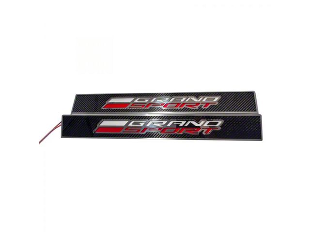 Illuminated Replacement Door Sills with Stainless Trim and Grand Sport Logo; Carbon Fiber; Red and White LED (14-19 Corvette C7 Grand Sport)