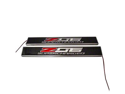 Illuminated Replacement Door Sills with Stainless Trim and Z06 Supercharged Logo; Carbon Fiber; Red and White LED (14-19 Corvette C7 Z06)