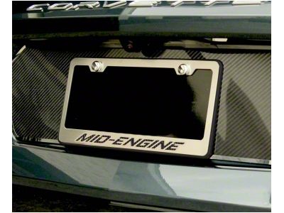 License Plate Frame with MID-ENGINE Lettering; Black Carbon Fiber Inlay (20-24 Corvette C8)