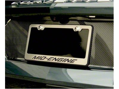 License Plate Frame with MID-ENGINE Lettering; Red Carbon Fiber Inlay (20-24 Corvette C8)