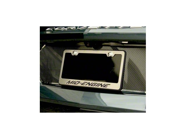 License Plate Frame with MID-ENGINE Lettering; White Carbon Fiber Inlay (20-24 Corvette C8)