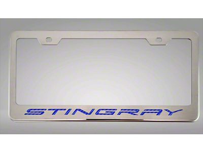 License Plate Frame with Stingray Lettering; Blue Carbon Fiber Inlay (20-25 Corvette C8)