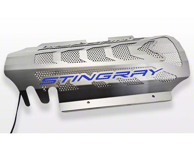 Perforated Engine Shroud; Brushed with Blue Carbon Fiber Stingray Lettering (20-26 Corvette C8 Stingray Coupe)