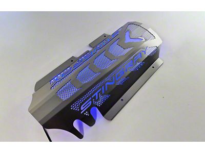 Perforated Engine Shroud; Brushed with Blue Illuminated Stingray Lettering (20-26 Corvette C8 Stingray Coupe)