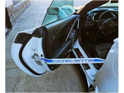 Polished/Brushed Stainless Door Prop with Blue Carbon Fiber Stingray Insert; Passenger Side (14-19 Corvette C7)