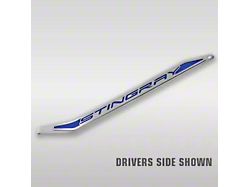 Polished/Brushed Stainless Door Prop with Dark Blue Solid Stingray Insert; Passenger Side (20-26 Corvette C8)