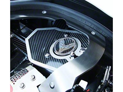 Shock Tower Covers with Corvette Flag; Carbon Fiber and Brushed Stainless (23-26 Corvette C8 Convertible)