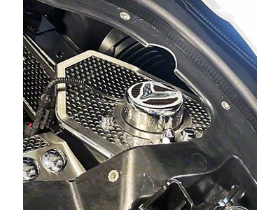 Shock Tower Covers with Corvette Flag; Perforated and Brushed Stainless (23-26 Corvette C8 Convertible)