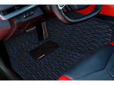 Single Layer Diamond Floor Mats; Black and Blue Stitching (05-13 Corvette C6)