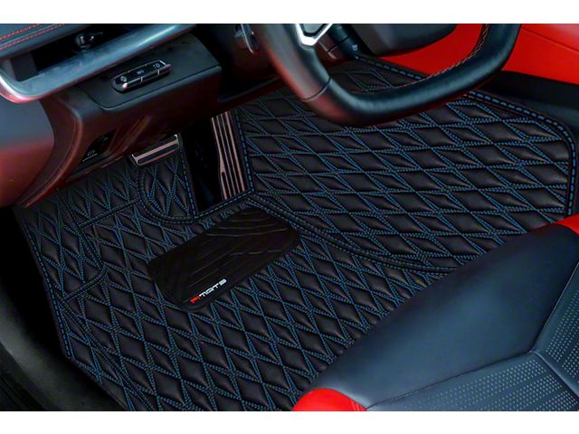 Single Layer Diamond Floor Mats; Black and Blue Stitching (20-24 Corvette C8)