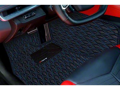 Single Layer Diamond Floor Mats; Black and Blue Stitching (20-23 Corvette C8)