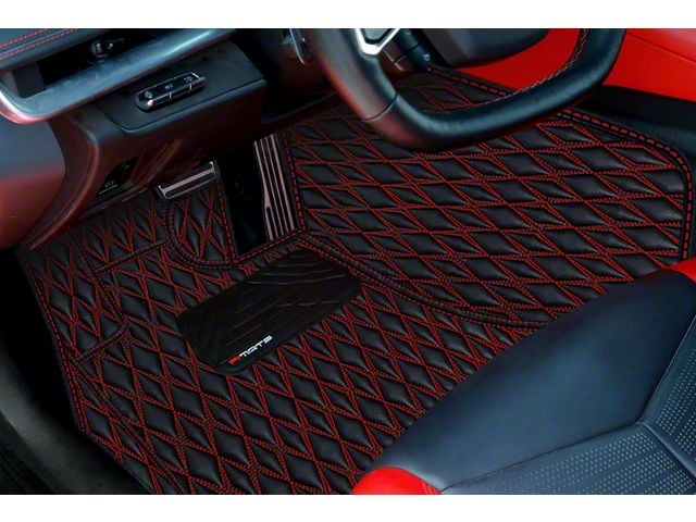 Single Layer Diamond Floor Mats; Black and Red Stitching (14-19 Corvette C7)