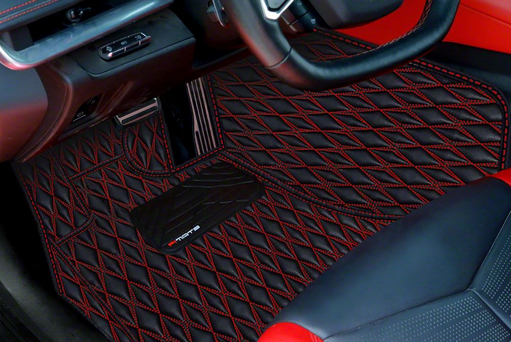 Corvette Single Layer Diamond Floor Mats; Black and Red Stitching (20