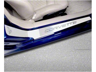 Stainless Steel Door Sill Covers with Etched Corvette Logo; Brushed (97-04 Corvette C5)