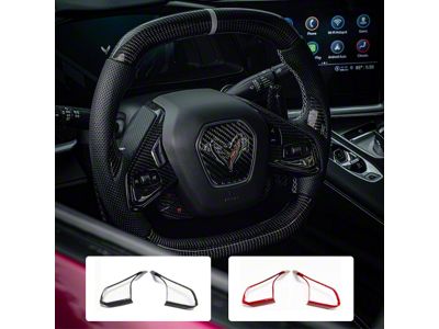 Steering Wheel Chrome Button Trim Covers; Red Carbon Fiber (20-24 Corvette C8)