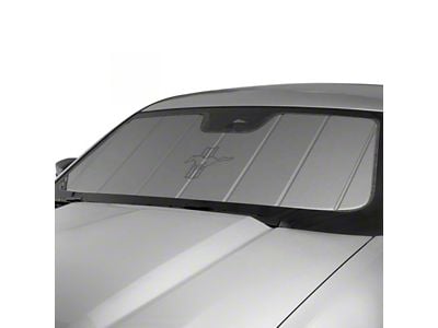 Covercraft UVS100 Heat Shield Custom Sunscreen with Black Mustang Tri-Bar Logo; Silver (15-23 Mustang w/o Mirror Camera)