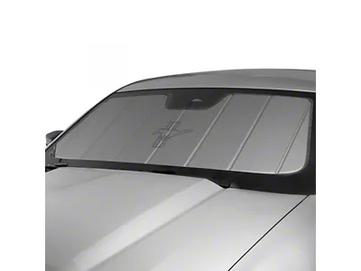 Covercraft UVS100 Heat Shield Custom Sunscreen with Black Mustang Tri-Bar Logo; Silver (15-23 Mustang w/ Mirror Camera)