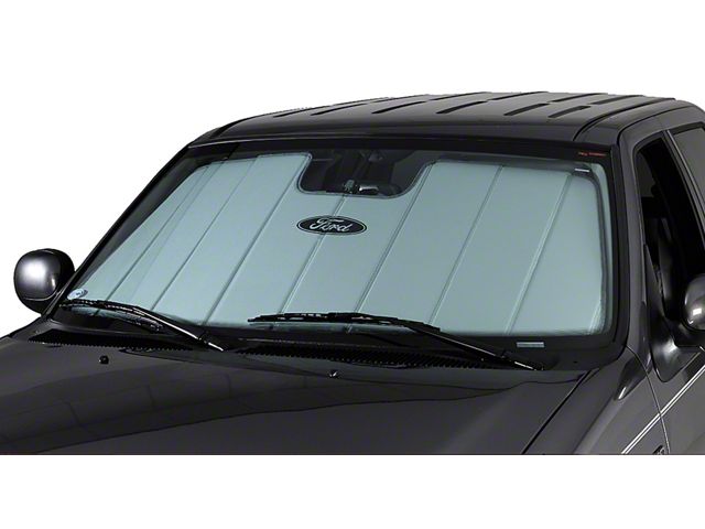Covercraft UVS100 Heat Shield Custom Sunscreen with Mustang 50 Years Logo; Silver (15-23 Mustang w/o Mirror Camera)