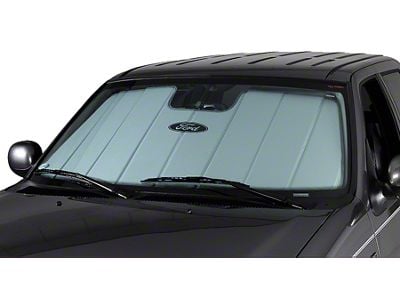 Covercraft UVS100 Heat Shield Custom Sunscreen with Mustang 50 Years Logo; Silver (15-23 Mustang w/o Mirror Camera)
