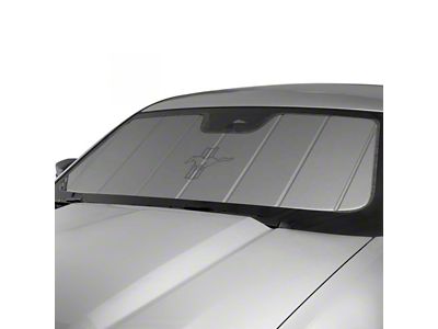 Covercraft UVS100 Heat Shield Custom Sunscreen with Black Mustang Tri-Bar Logo; Silver (05-09 Mustang Coupe)