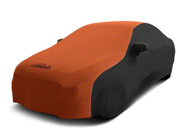Coverking Satin Stretch Indoor Car Cover with Rear Roof Antenna Pocket; Black/Inferno Orange (10-15 Camaro Coupe, Excluding Z/28)