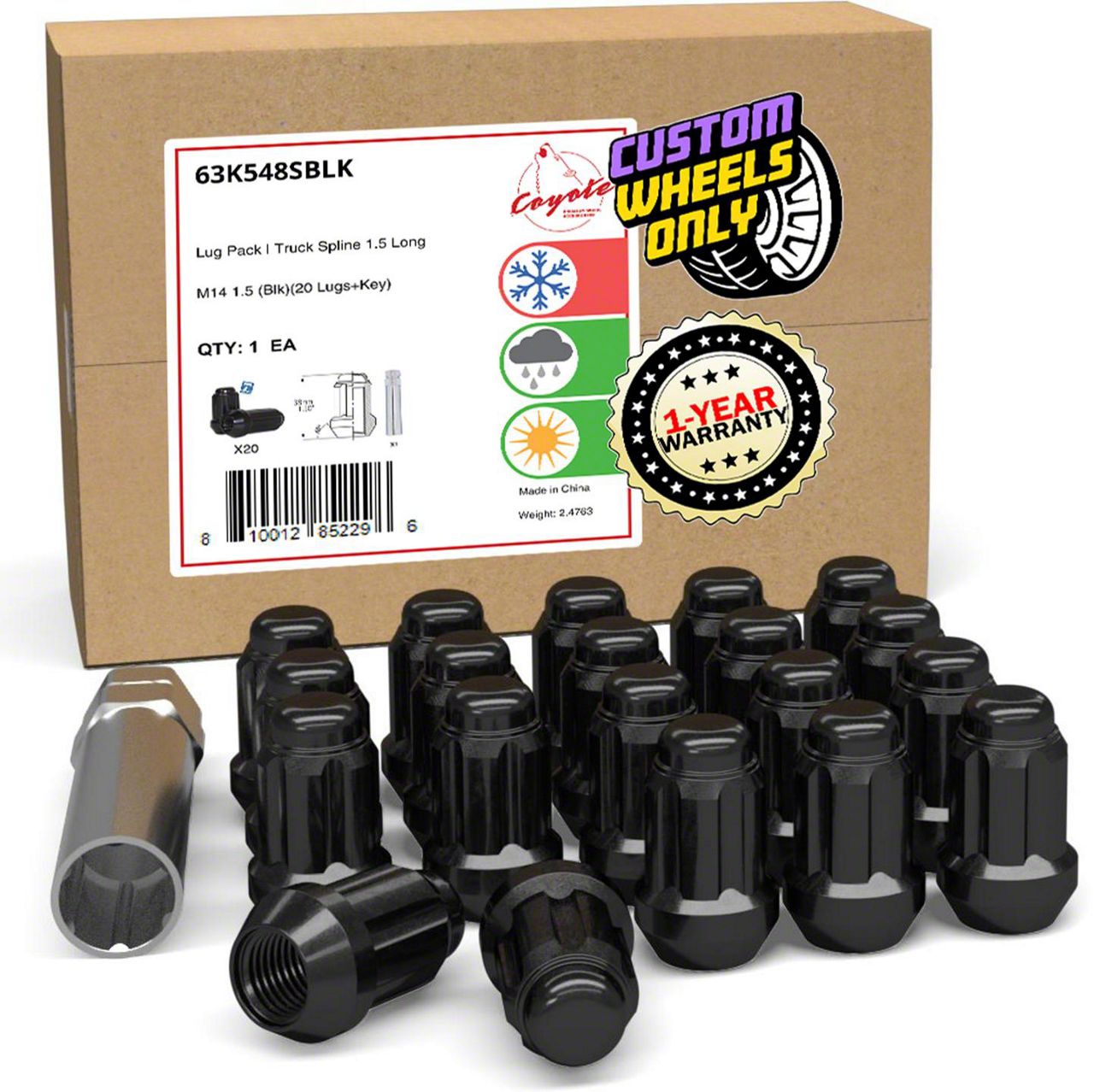 Challenger Black 6-Spline Nut Kit; 14mm x 1.5; Set of 20 (08-23