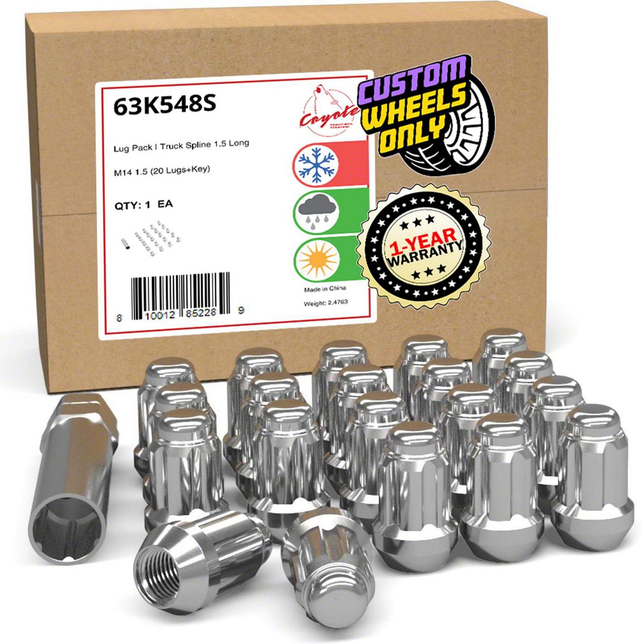 Challenger Chrome 6-Spline Lug Nut Kit; 14mm x 1.5; Set of 20 (08
