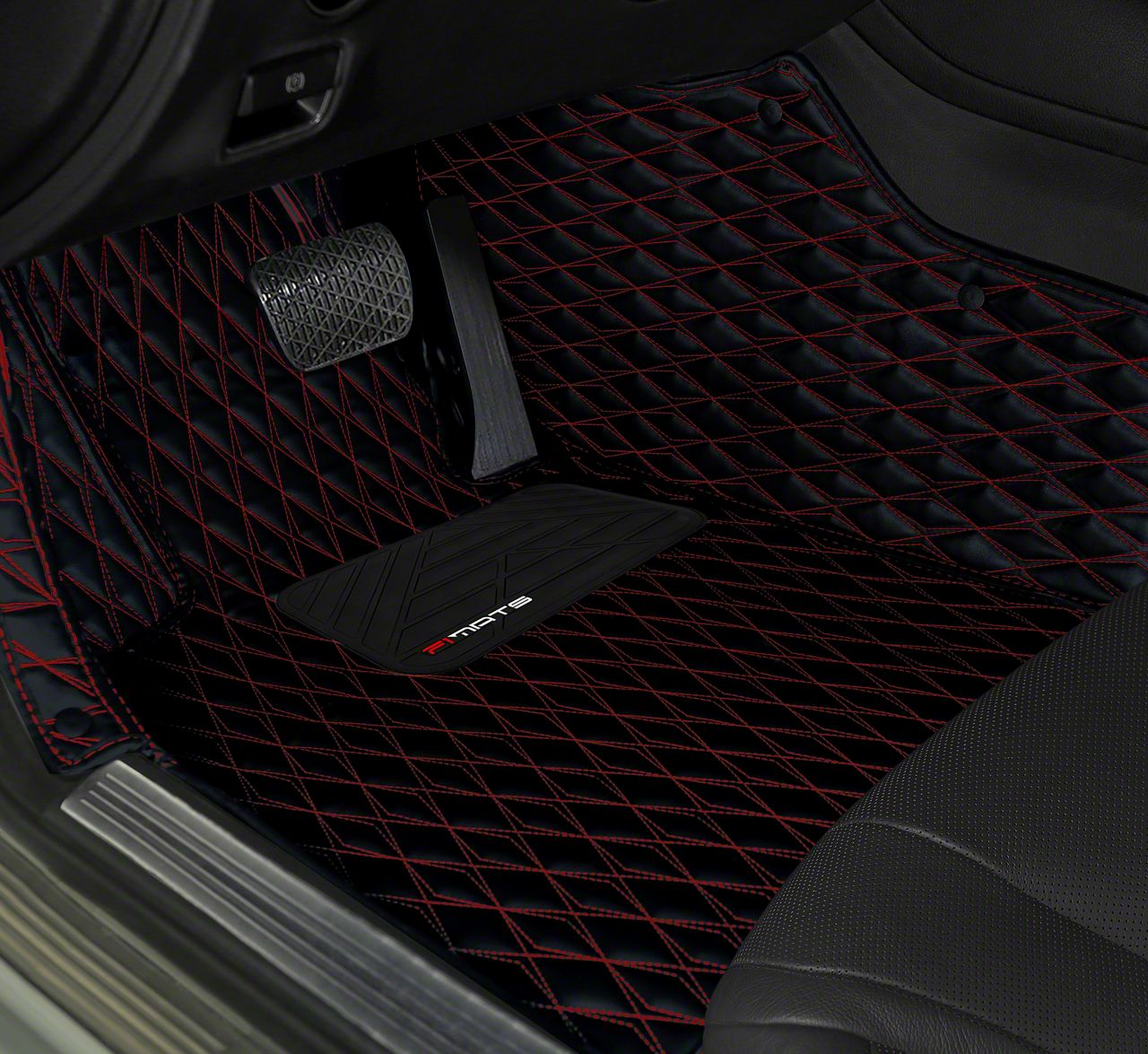 Mustang Single Layer Diamond Front and Rear Floor Mats; Black and Red