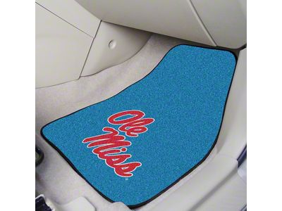 Carpet Front Floor Mats with Ole Miss Logo; Light Blue (Universal; Some Adaptation May Be Required)