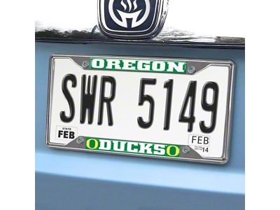 License Plate Frame with University of Oregon Logo; Chrome (Universal; Some Adaptation May Be Required)
