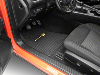 FLEXTREAD Factory Floorpan Fit Custom Vintage Scene Front and Rear Floor Mats with Yellow Scat Pack Insert; Black (11-23 RWD Challenger)