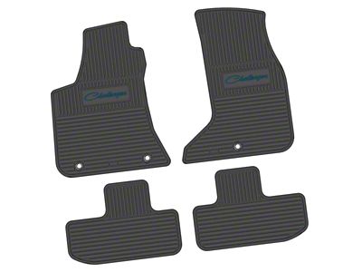 Factory Floorpan Fit Custom Vintage Scene Front and Rear Floor Mats with Dark Blue Challenger Script Insert; Black (17-23 AWD Challenger)