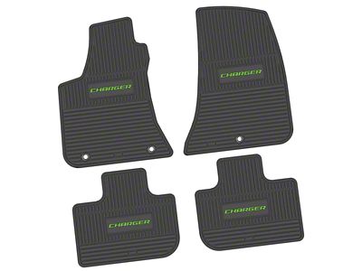 Factory Floorpan Fit Custom Vintage Scene Front and Rear Floor Mats with Lime Charger Insert; Black (11-23 RWD Charger)