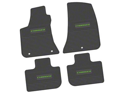 FLEXTREAD Factory Floorpan Fit Custom Vintage Scene Front and Rear Floor Mats with Lime Charger Insert; Black (11-23 RWD Charger)