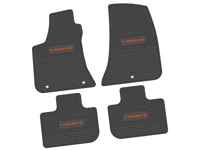 Factory Floorpan Fit Custom Vintage Scene Front and Rear Floor Mats with Orange Charger Insert; Black (11-23 RWD Charger)