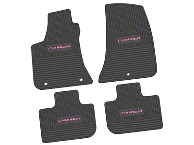 FLEXTREAD Factory Floorpan Fit Custom Vintage Scene Front and Rear Floor Mats with Pink Charger Insert; Black (11-23 RWD Charger)