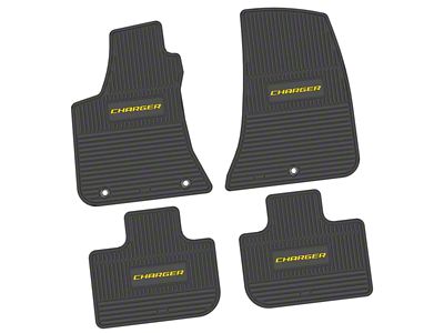 Factory Floorpan Fit Custom Vintage Scene Front and Rear Floor Mats with Yellow Charger Insert; Black (11-23 RWD Charger)