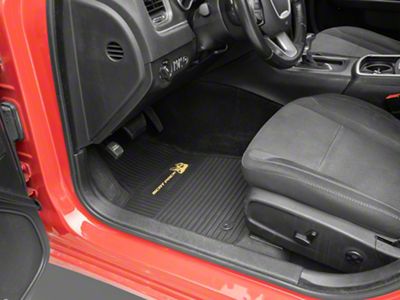 Factory Floorpan Fit Custom Vintage Scene Front and Rear Floor Mats with Yellow Scat Pack Insert; Black (11-23 RWD Charger)