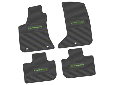 Factory Floorpan Fit Custom Vintage Scene Front and Rear Floor Mats with Lime Charger Insert; Black (11-23 AWD Charger)