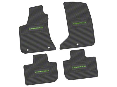 FLEXTREAD Factory Floorpan Fit Custom Vintage Scene Front and Rear Floor Mats with Lime Charger Insert; Black (11-23 AWD Charger)