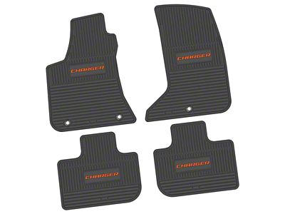 Factory Floorpan Fit Custom Vintage Scene Front and Rear Floor Mats with Orange Charger Insert; Black (11-23 AWD Charger)