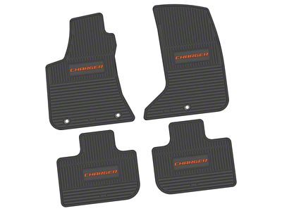 FLEXTREAD Factory Floorpan Fit Custom Vintage Scene Front and Rear Floor Mats with Orange Charger Insert; Black (11-23 AWD Charger)