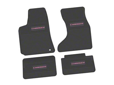 Factory Floorpan Fit Custom Vintage Scene Front and Rear Floor Mats with Pink Charger Insert; Black (07-10 AWD Charger)